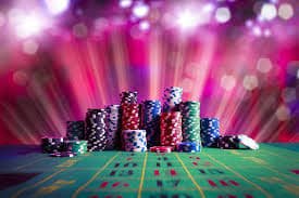 Exciting live casino action with vibrant neon lights and game tables